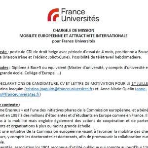 France Universités is recruiting a European Mobility and International Attractiveness Officer, based in Brussels